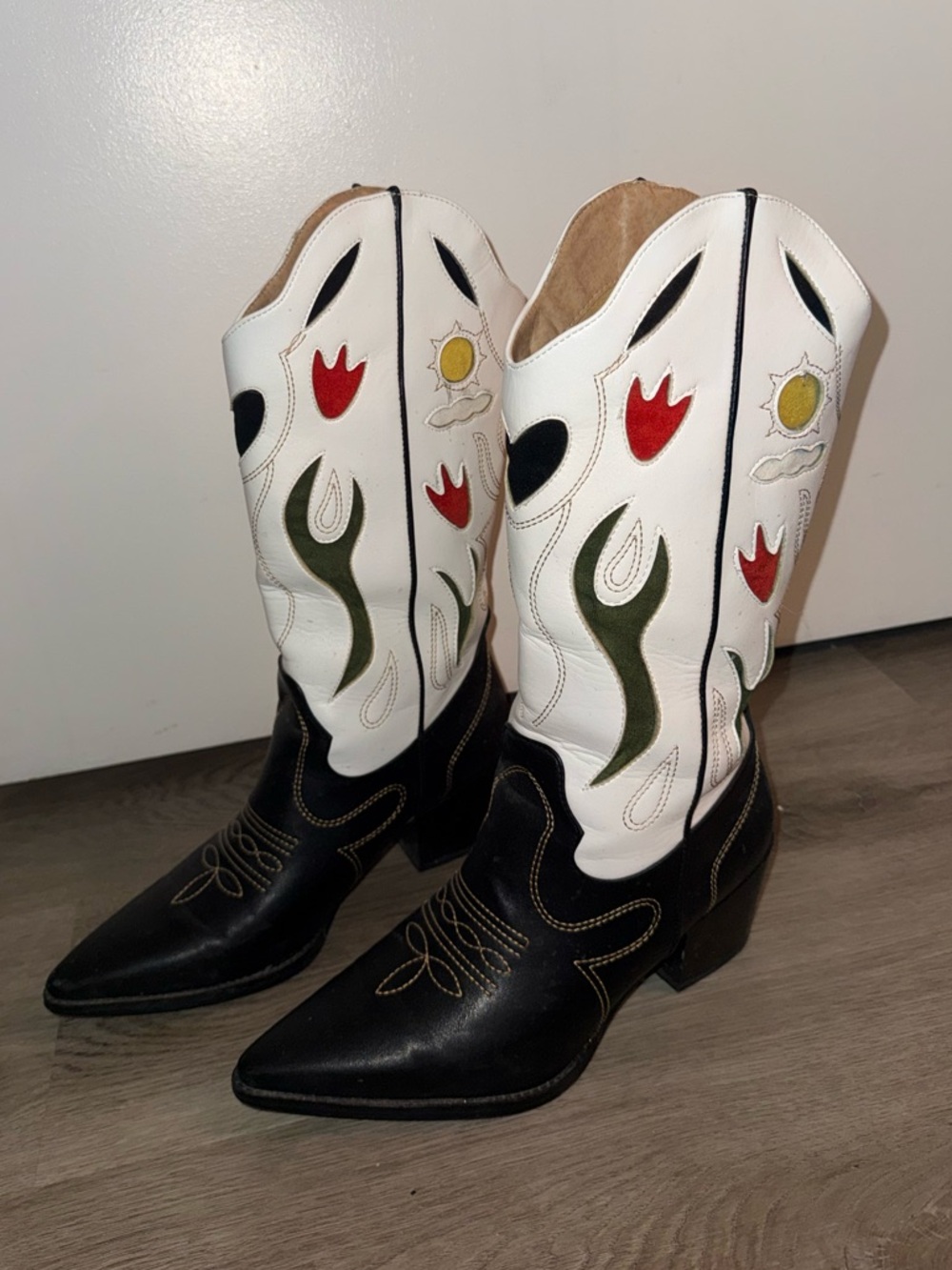 Black & White Floral Inlay Western Boots with Red and Olive Accents